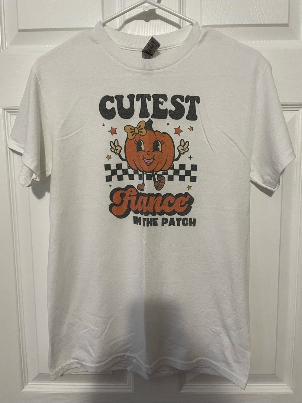 Women’s Gildan White Tee with Orange Pumpkin 'Cutest Fiance' Graphic